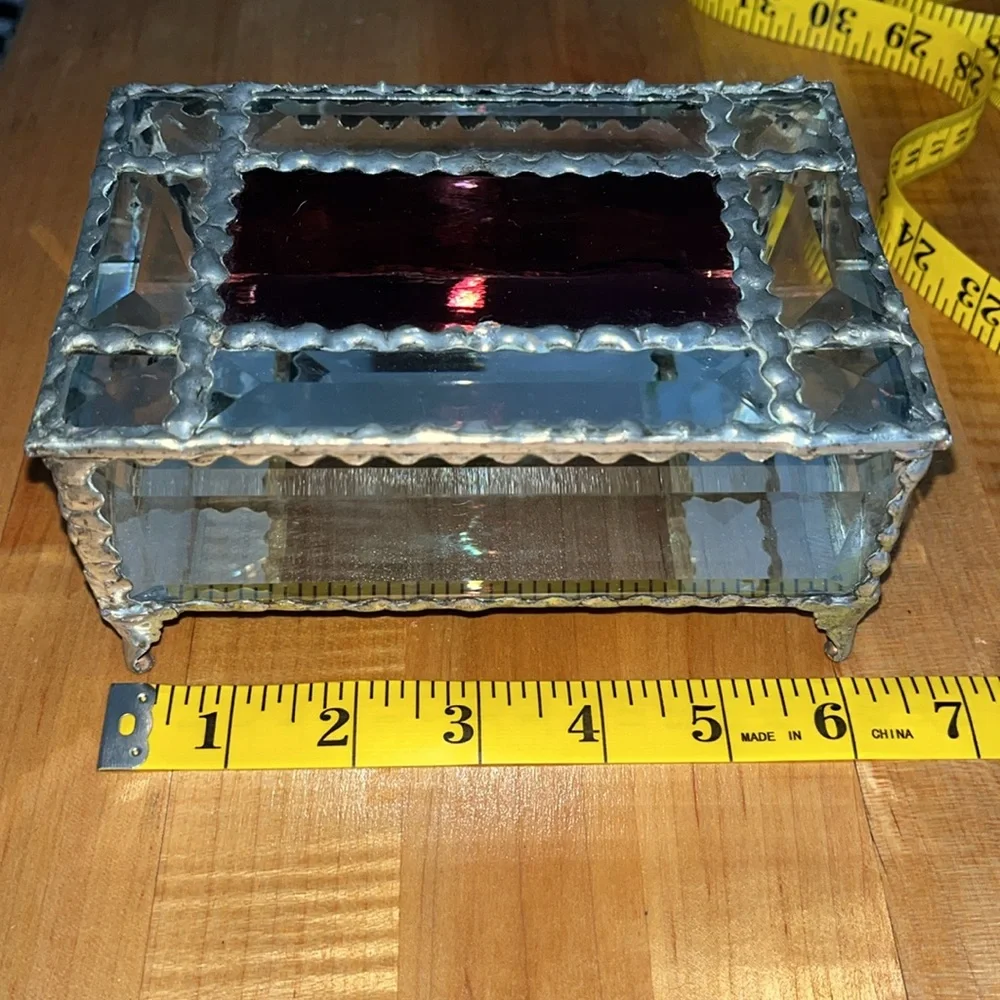 Vintage Beveled Glass Mirrored Bottom Footed Treasure Box Trinket Jewelry Box